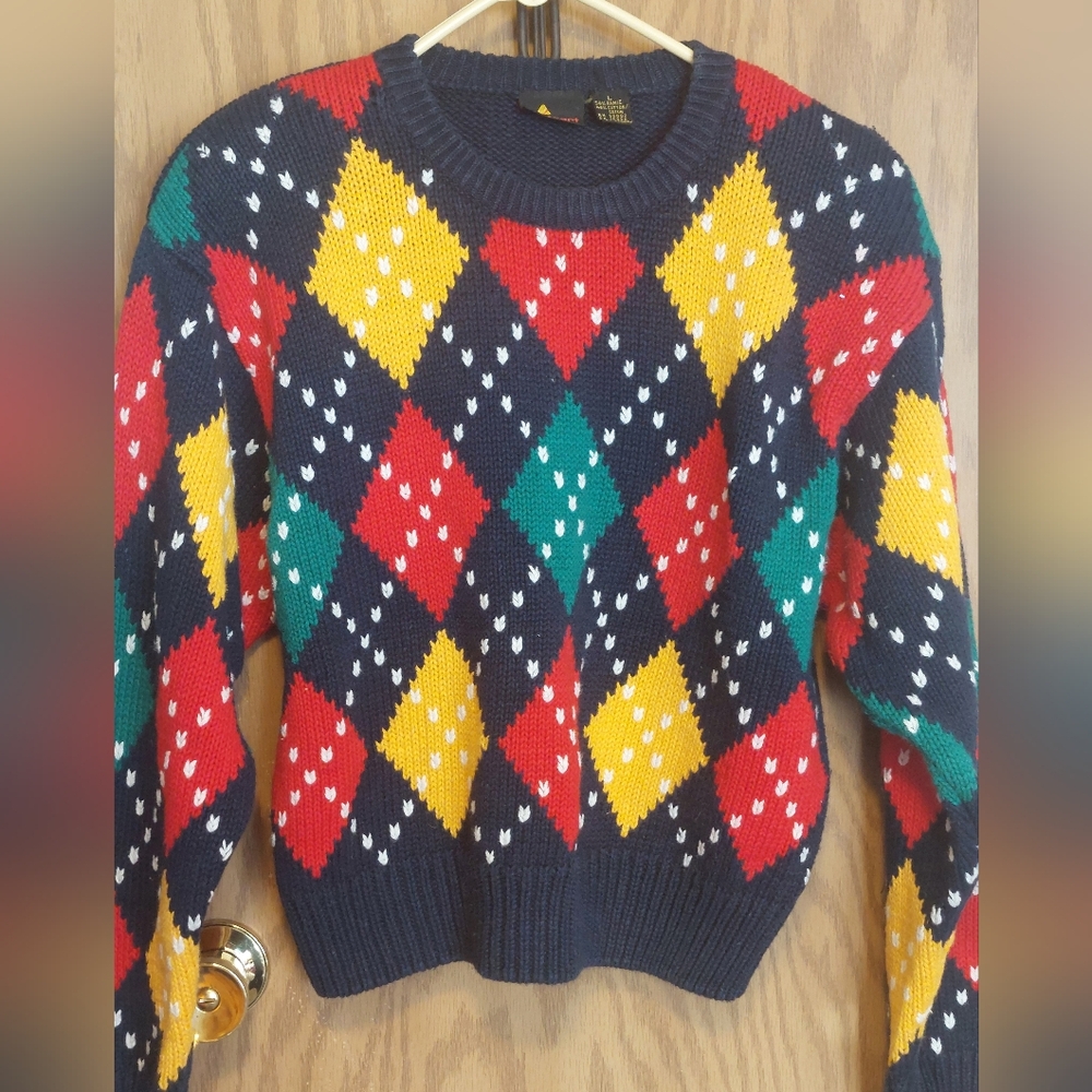 VTG Liz Sport Argyle sweater Primary colors L Preppy 80s 90s